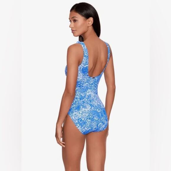 LAUREN RALPH LAUREN Artisanal Woodblock Ruffle Tummy Control One Piece 14 NWT - Picture 2 of 6